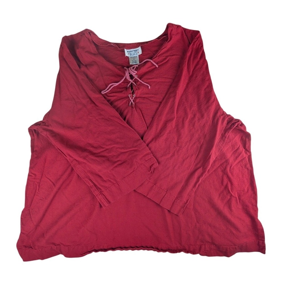 Red Cotton Linen Lace Up Neck Top Plus Size 4X 3/4‎ Sleeve Mainstreet Blues